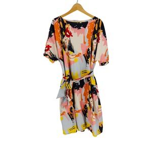 Roolee Artsy Abstract Print Belted Midi Dress Short Sleeve Pockets Size XXL Mod